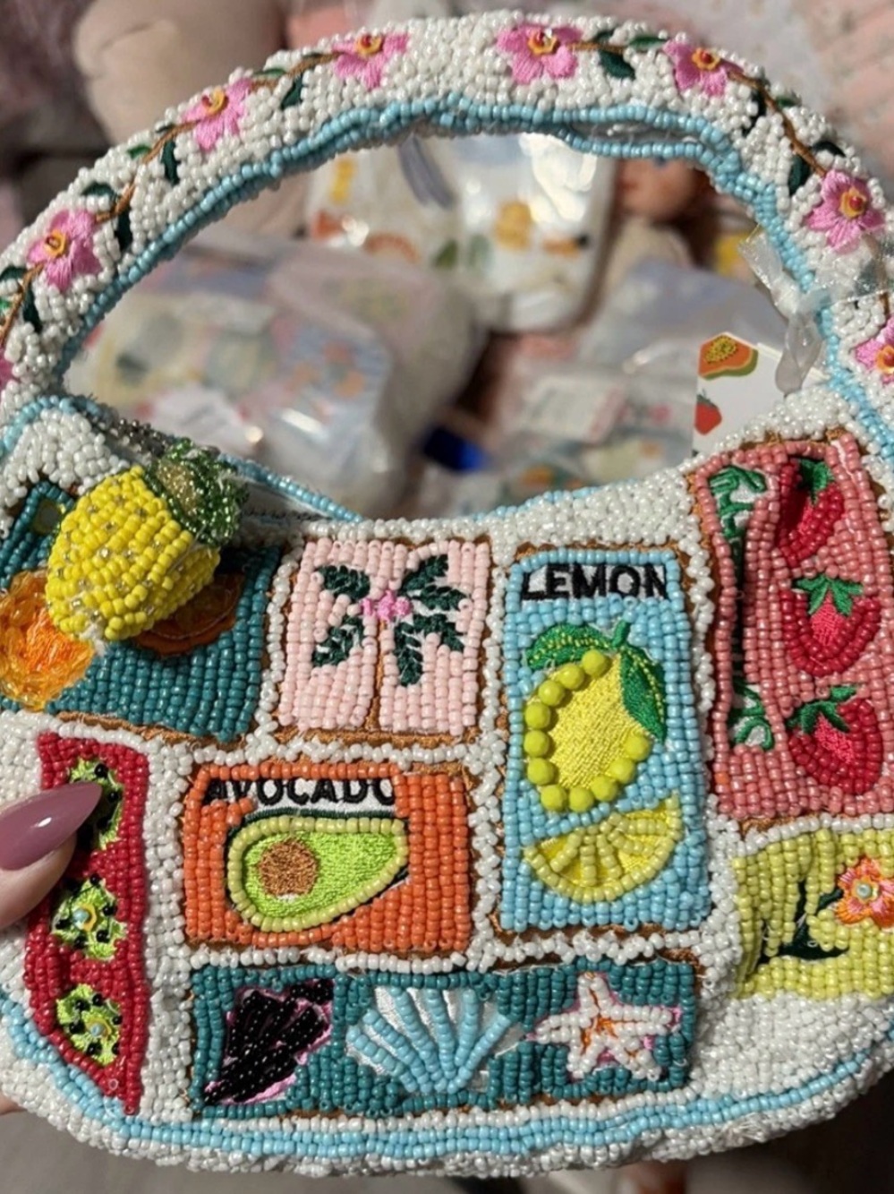 Beaded Fruit Patch Mini Bag - Lemon & Avocado Accent